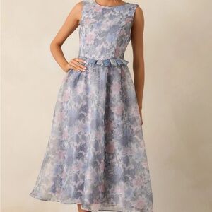 Red Dress Sleeveless Floral Midi Dress in Ash Blue Painted Skies